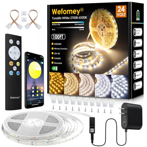 Wefomey White LED Strip Lights, 100ft Dimmable Bright 24V Led Tape Light with Remote and App Control, 2700K-6500K White 14...