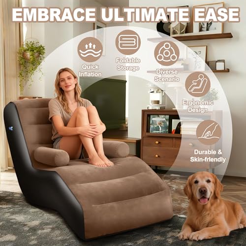 LanAqua Inflatable Couch for Camping, Blow Up Couch for Adults with Armrest, Waterproof Flocked Surface Inflatable Lounge ...