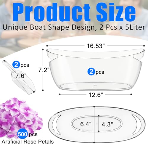 Whalead Ice Buckets for Parties Set of 2 – 5L Clear Beverage Tub with Ice Scoop & Faux Petals, Large Drink Buckets for Win...