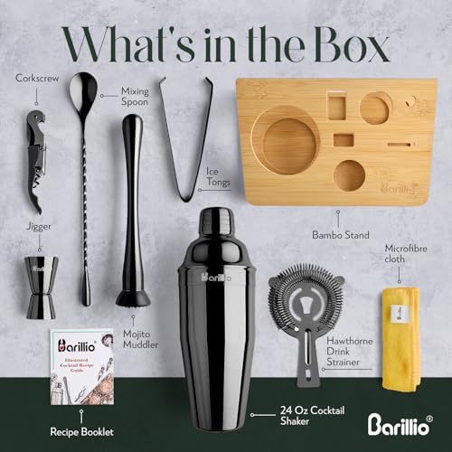 Barillio Black Bartender Kit - Stainless-Steel Cocktail Shaker Set w/Bamboo Stand - Mixology Bar Tools w/Shaker, Drink Mix...