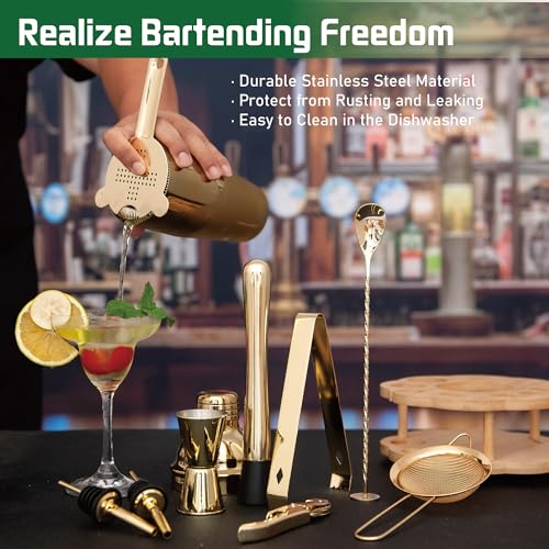 JWJIUEJIU Cocktail Shaker Set Bartender Kit with Rotatble Bamboo Stand,11 Piece Bar Set Stainless Steel Bar Accessories fo...