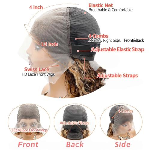 Highlight Ombre 13x4 HD Deep Wave Lace Front Wigs Human Hair 180% Density Honey Blonde Wig Human Hair Pre Plucked 4/27 Lace Frontal Wigs 24 Inch