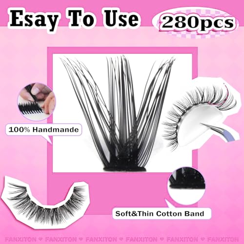 FANXITON DIY Individual Eyelash Extension Kit, Thick Volume Lash Clusters 40D+50D D Curvature, 280 Pieces Thin Band Cluste...