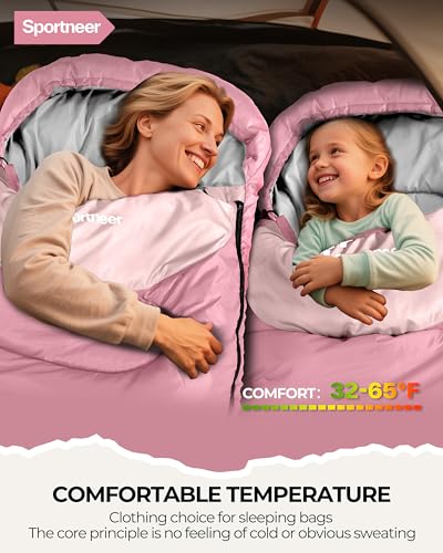 Sportneer Sleeping Bag for Adults & Kids, Cold Weather 3–4 Season Camping Sleeping Bags with 32–65℉ or 50–80℉ Temperature ...