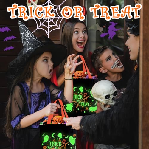 Aleture Trick or Treat Bags, Glow in The Dark Halloween Candy Canvas Tote Bag with Handle, Light Up Ghost Reusable Portable Collapsible Trick or Treat Bucket, Halloween Gifts for Kids Teens Women Men