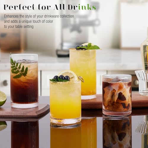 LUNA & MANTHA Ribbed Glasses Drinking Set of 8-17oz Large Capacity Highball Glasses, 12oz Rocks Glass Cups, Vintage Cockta...