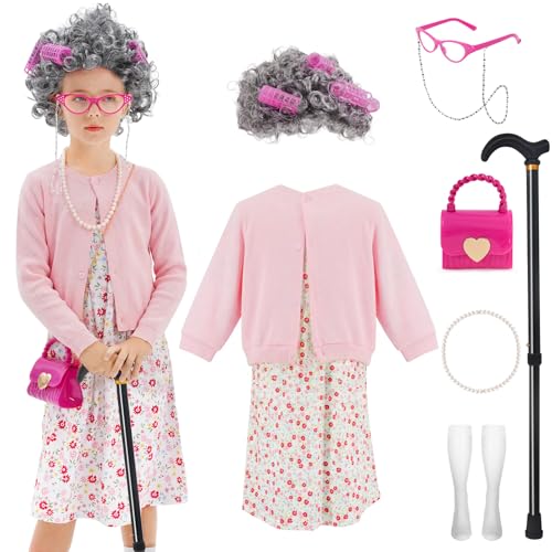WooWee Kids Girl 100 Days of School Costume, Old Lady Costume for Kids, Halloween Cosplay Dress Up