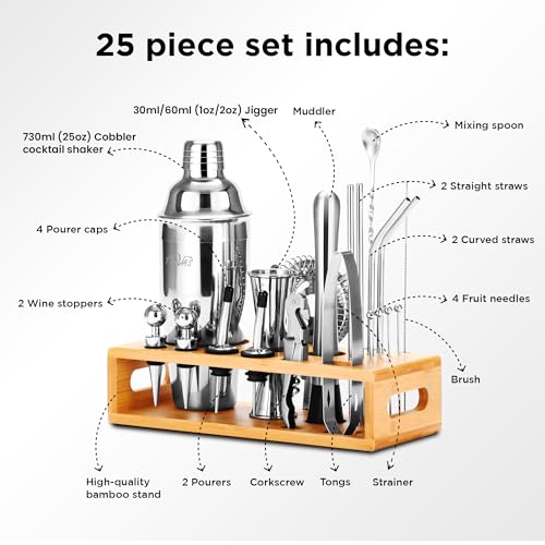 TEAVAS Mixology Bartender Kit with Japanese Jigger & Bamboo Stand - 25 Piece Stainless Steel Cocktail Making Set, Shaker, ...