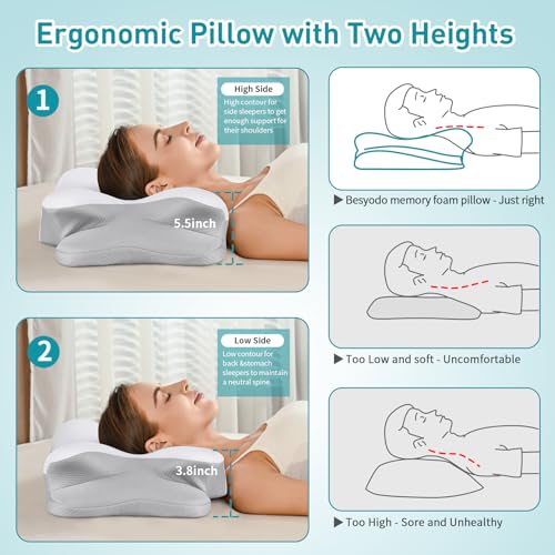 Cervical Neck Pillow for Pain Relief - Ergonomic Side Sleeper Pillow for Neck Support, Contour Pillow for Bed Sleeping, Co...