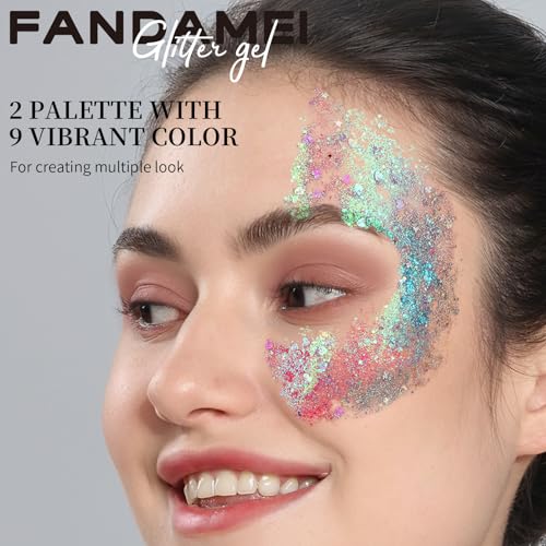 FANDAMEI Face Glitter, 2 PCS Face Glitter Gel 18 Grids, Body Hair Glitter for Kids Women for Makeup, Halloween Rave Concer...