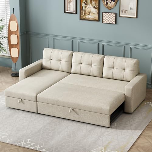 FAVSH L-Shaped Sectional Convertible Sleeper Sofa Bed, Pull Out Couch with with Reversible Storage & Removable 3 Back Cushion for Living Room Apartment,Beige