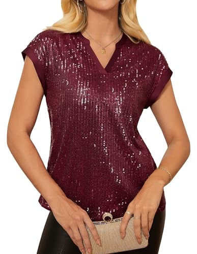 GRACE KARIN Women's Sequin Sparkly Tops Cap Sleeve Dressy Blouses Glitter Party Tops V Neck Disco Shirts Club Concert Outfits