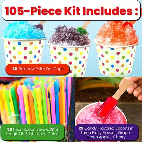 105 Piece Multi-Colored Snow Cone/Shaved Ice Kit - Includes 25 Rainbow Polka Dot Cups, 25 Candy Spoons, and 50 Neon Straws...