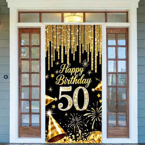 HOMETITUTE 50th Birthday Door Cover 71x35 Inch Black and Gold Birthday Banner for Party Decorations Diamond Number Backdro...