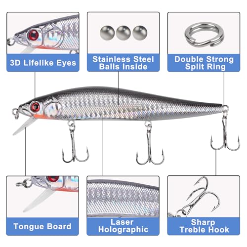 Saltwater Fishing Lures Kit, Surf Fishing Minnow Lures Jerkbait Popper Plugs Deep Diving Hard Baits Treble Hooks for Strip...