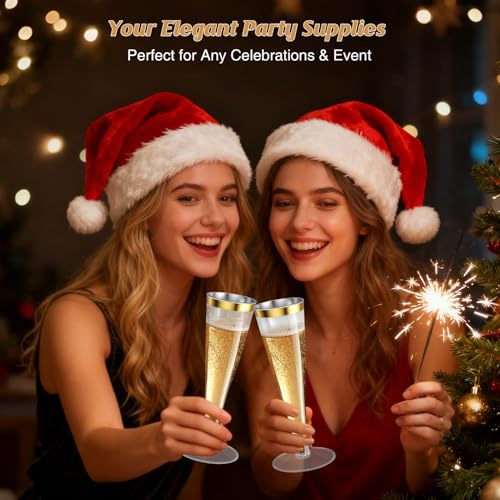 Torchero 20 Pack Champagne Flutes Plastic Wine Glasses Disposable, 4.5 Oz Gold Rim Mimosa Glasses for 2026 Engagement Wedd...