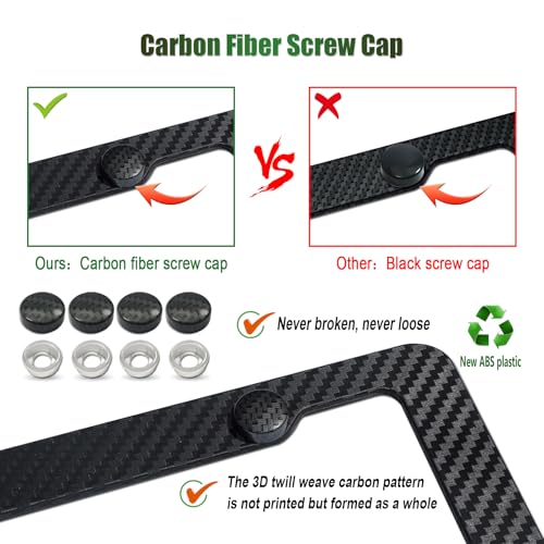 Carbon Fiber License Plate Frames- Black Carbon Pattern Plastic Front & Rear Car Tag Holder Cover 2 Pack with Mount Hardwa...