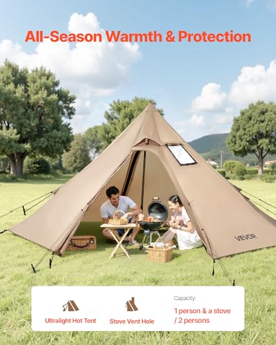 VEVOR Hot Tent, Camping Tipi Hot Tents with Stove Jack, Portable Winter Camping Tents with Snow Skirt, Easy Setup, Waterpr...