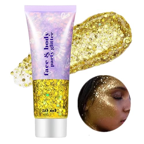 Go Ho Gold Face Body Glitter,Mardi Gras Glitter Makeup Gold Face Paint,Holographic Chunky Sequins Glitters for Eye Lip Hai...