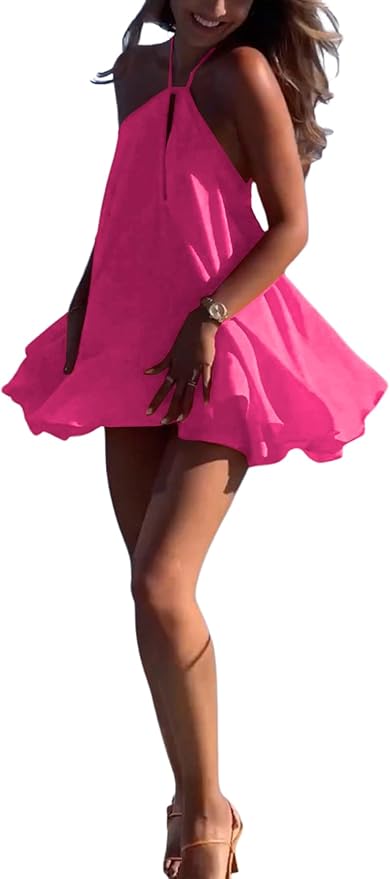 SOLY HUX Women's Mini Dress Halter Neck Sleeveless Tie Backless Swing Flowy Beach Dresses Summer Vacation Clothes
