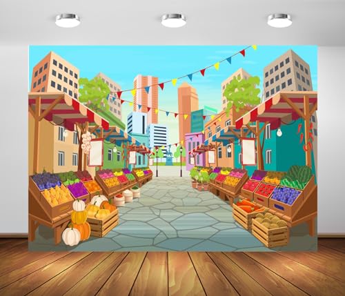 BELECO 5x3ft Fabric Cartoon Farmers Market Backdrop Fresh Farm Vegetables and Fruits, Farmers Market Stall Background for ...