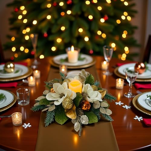 18" Centerpiece with Flameless LED Candle Holder, Design with White Artificial Magnolia, Gold Baubles & Spruce Branches fo...