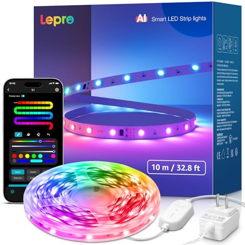 Lepro S1 AI LED Strip Lights for Bedroom - 32.8ft Smart RGB Light Strips with IC and Rainbow Chasing Effects, Color Segmen...