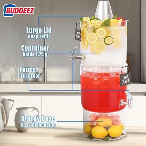 Buddeez Beverage Dispenser With Stand 2 Gallon Tritan Clear Large Plastic Drink Dispensers for Parties Top Lid For Cups & ...