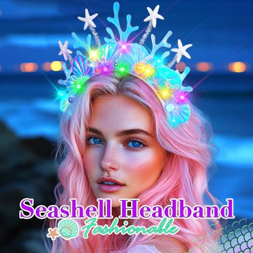 JAKAWIN Light Up Mermaid Costume Headband Starfish Ocean Hair Accessories Shell Led Headpiece for Women