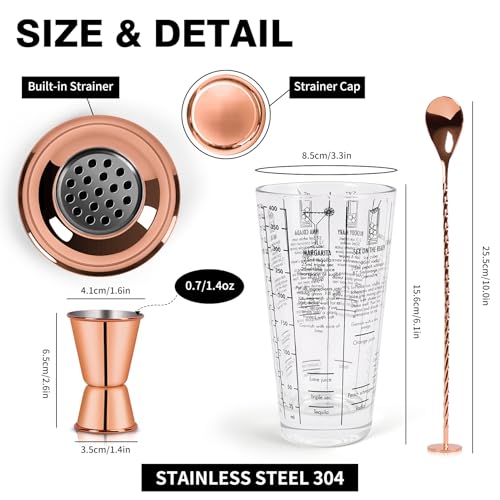 SAVORLIVING 14oz Glass Cocktail Shaker Set, Margarita Mixer-Shaker with Built-in Strainer and Measuring Jigger & Mixing Sp...