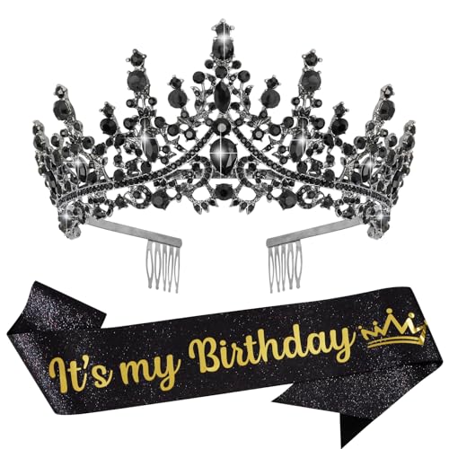 VELSCRUN Black Crystal Birthday Tiara Crowns for Women Girls It's My Birthday Sash Queen Girls Princess Crown with Combs H...