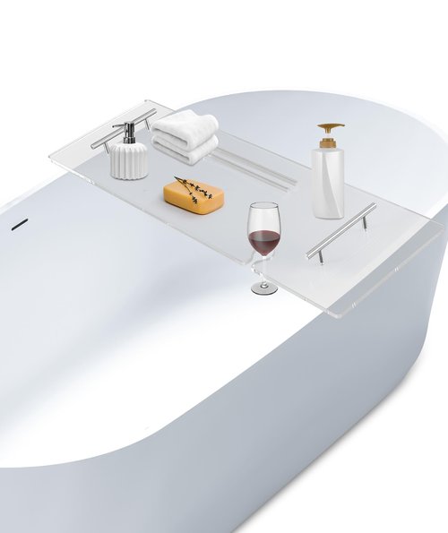 Ezcasch Acrylic Bathtub Tray Clear Bathtub Caddy Bath Tray Table for Tub Luxury Spa with Book and Wine Glass Holder Bathroom Accessories for Bathroom Decoration, Transparent 39.3inch