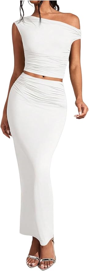 WDIRARA Women's 2 Piece Outfits Floral Print One Shoulder Crop Top Bodycon Ruched Maxi Skirt Set