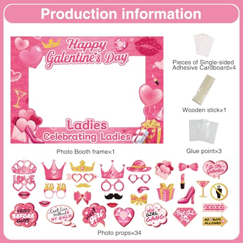 35 Pcs Galentines Photo Booth Props with Photo Frame, Galentines Day Photo Booth Props, Galentines Day Decorations Happy G...