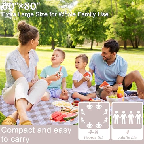 Extra Large Picnic Blanket 80''x 60'' Picnic Mat Waterproof Sand Proof Foldable for Beach, 5-Layer Outdoor Blanket for 6 t...