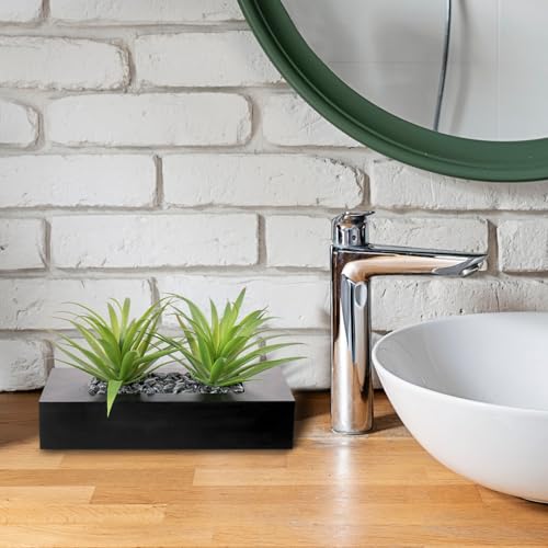 MyGift 10 Inch Fake Grass Artificial Plants in Rectangular Black Wood Planter - Faux Plants Indoor for Tabletop Centerpiec...