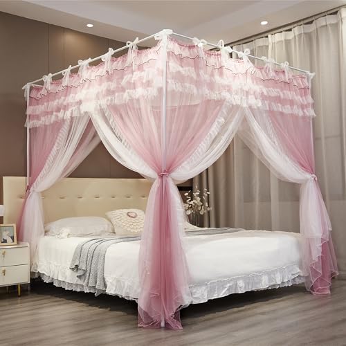NXGIO Bed Canopy Curtain Double Layer 4 Corners Post Lace Up Ruffle Princess Drape Netting 4 Opening Mosquito Net for Girl...