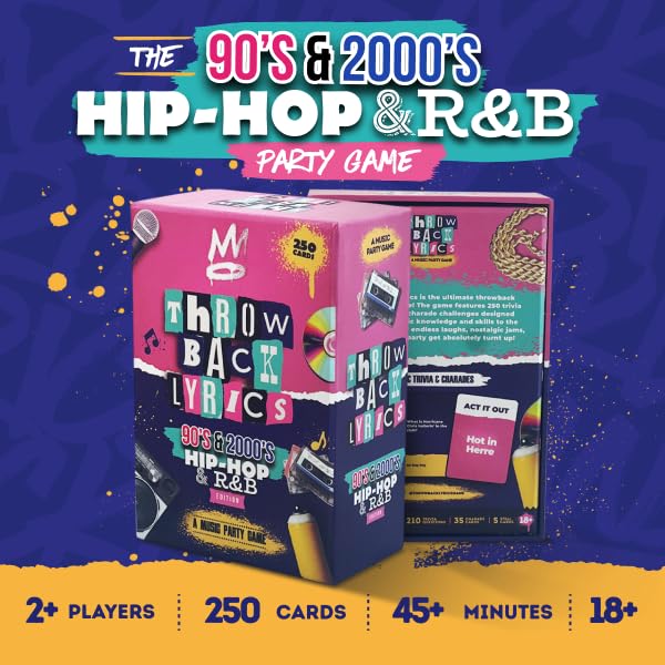 Throwback Lyrics - 250 Cards of 90s & 2000s Hip-Hop & R&B Finish The Lyrics & Charades with A Playlist & Stickers - Great for Game Nights, Date Nights, Adult and Family Games