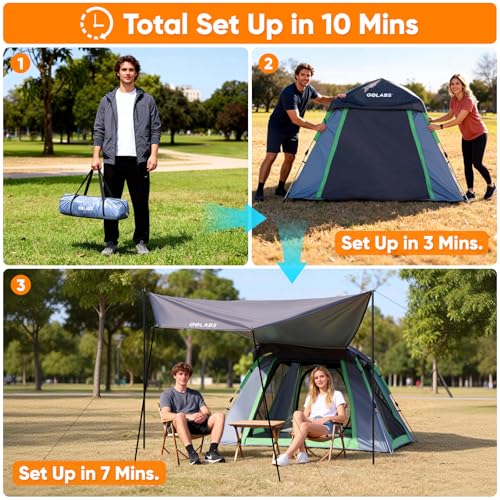 Golabs 2-3 Person Camping Tent w/ 9.5x8.5 ft Canopy, 3-Minute Setup by Pre-Attached Pole, PU1500mm Waterproof, 4 Side Mesh...