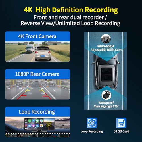 Largest 11.5 inch Wireless CarPlay Screen for Car, A-pple CarPlay & Android Auto HD Touchscreen with 4K Dash Cam/1080P Bac...