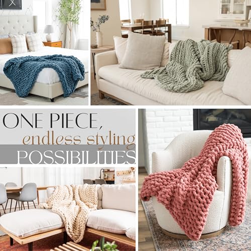 SAMIAH LUXE Chunky Knit Blanket Throw 50x60", Cream Chenille Chunky Knit Throw Blanket for Living Room Decor or Boho Deco...