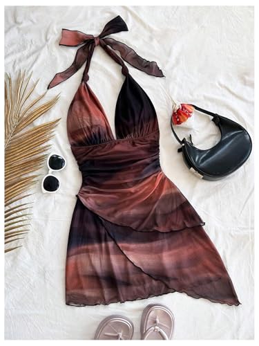 SOLY HUX Women's Sexy Tie Dye Print Halter V Neck Mini Dress Retro Backless Fitted Bodycon Dresses