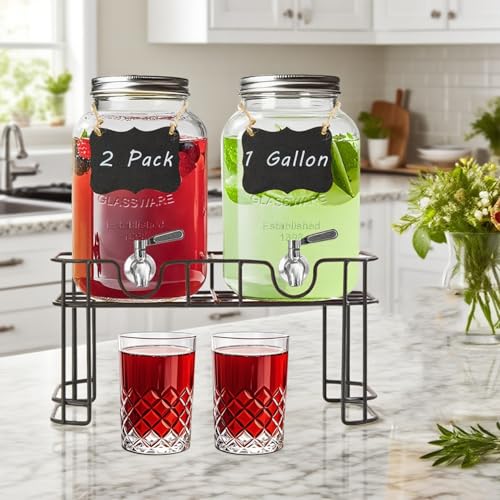 Ltzmcmy 1 Gallon Glass Drink Dispensers for Parties,2 Pack Beverage Dispenser with Stand and Stainless Steel Spigot,Glass ...
