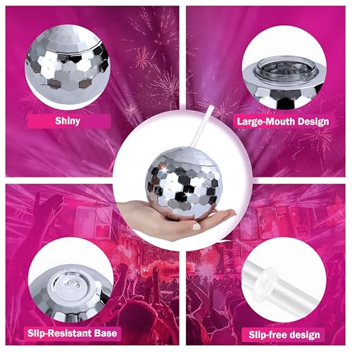 FLUFFORT 9 Pcs Disco Ball Cups with Lid and Straw – Silver Spherical Cocktail Tumblers, Reusable Disco Wine Glasses for Ba...