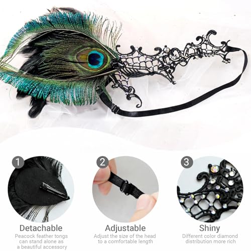 MYSEUNI Feather Lace Mask for Women - Half Face Masquerade Mask for Glasses- Phantom Masks for Halloween, Venetian Party, ...