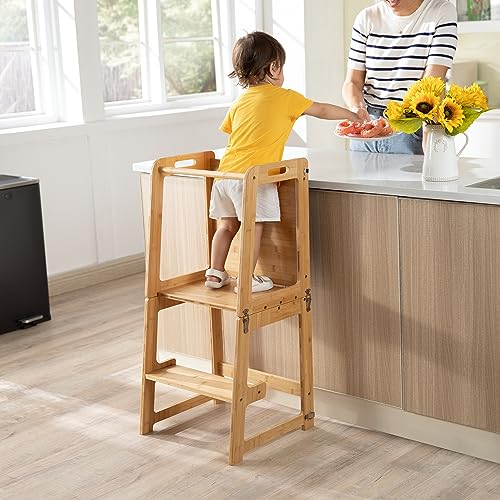 4-in-1 Standing Tower for Toddlers and Kids 1-6 Years, Bamboo Kitchen Learning Helper Stool with Chalkboard, Desk Table, a...