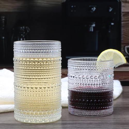 Hobnail Drinking Glasses Set of 12,12 oz Highball Glasses & 10 oz Cocktail Glasses,Clear Embossed Glass Cups,Kitchen Water...