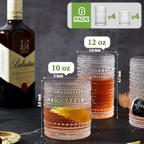 Hlukana Vintage Hobnail Drinking Glasses Set of 8, 12 oz Highball Glasses & 10 oz Cocktail Glasses Set, Kitchen Water Glas...