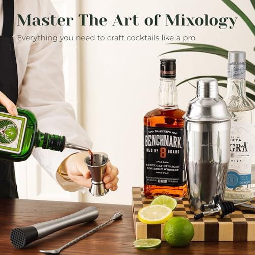 HomeCurated Cocktail Shaker Set, 24-Piece Bar Bartender Kit with Stand, Martini Shaker, Jigger, Strainer,Mixer Spoon,Muddl...