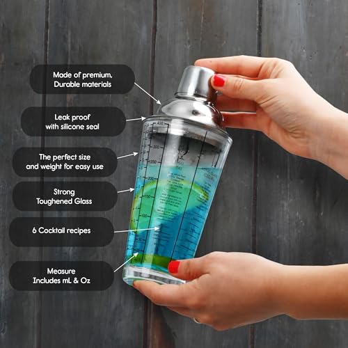 EVERYDAY COCKTAIL - Professional Glass Cocktail Shaker 14 oz, Martini Shaker with Recipes and Measurements, Built-in Strai...